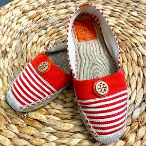Tory Burch logo striped espadrilles size 7 canvas slip-on 2350